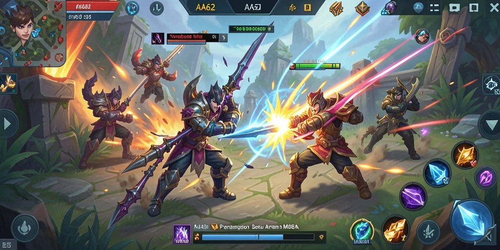Tangkapan layar gameplay AA62 yang menunjukkan aksi seru dalam arena MOBA.
