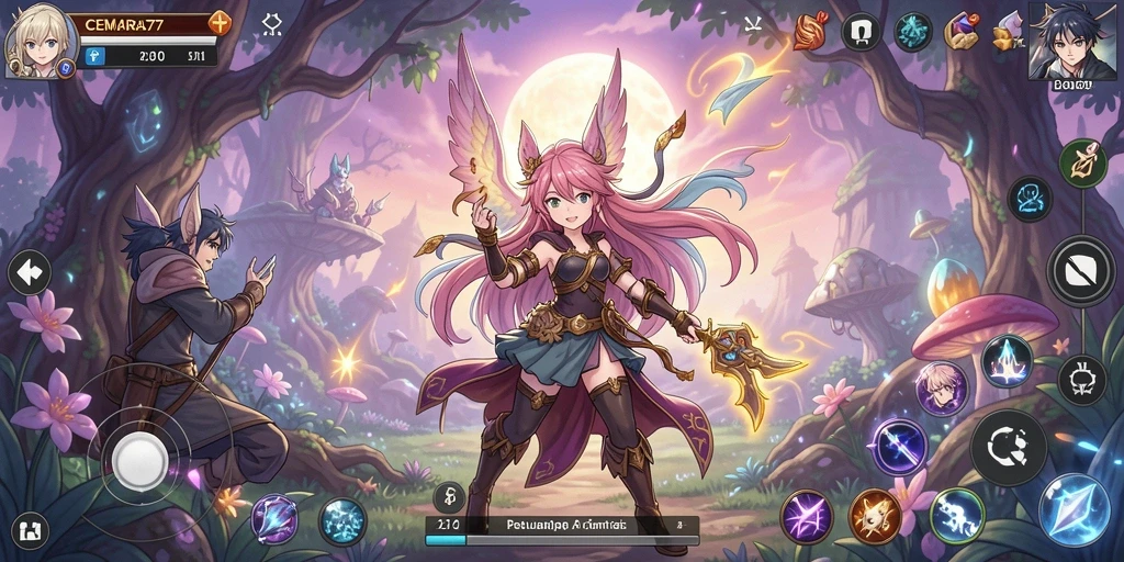 Screenshot gameplay CEMARA77 menampilkan aksi karakter anime yang dinamis.
