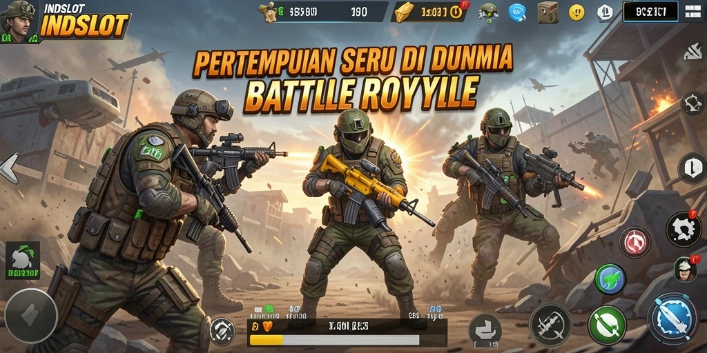 Screenshot utama INDSLOT menampilkan aksi seru Battle Royale.