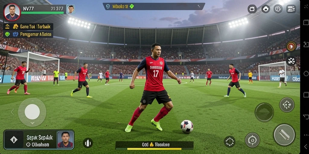 Tampilan gameplay seru dalam NV77 dengan aksi sepak bola mendebarkan.