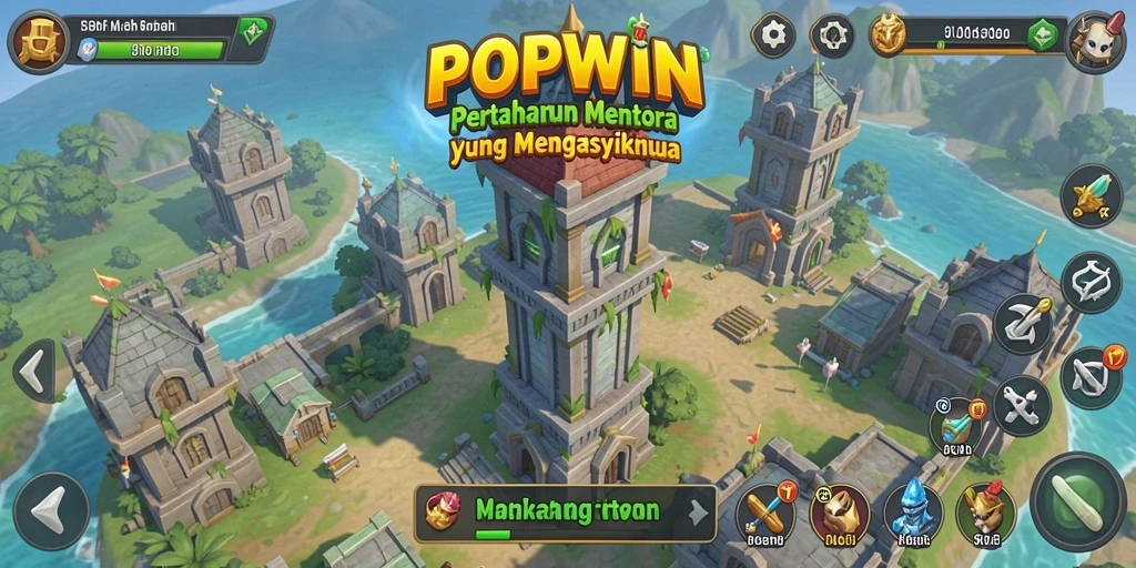 Screenshot menunjukkan pertahanan menara dalam aksi melawan gelombang musuh.