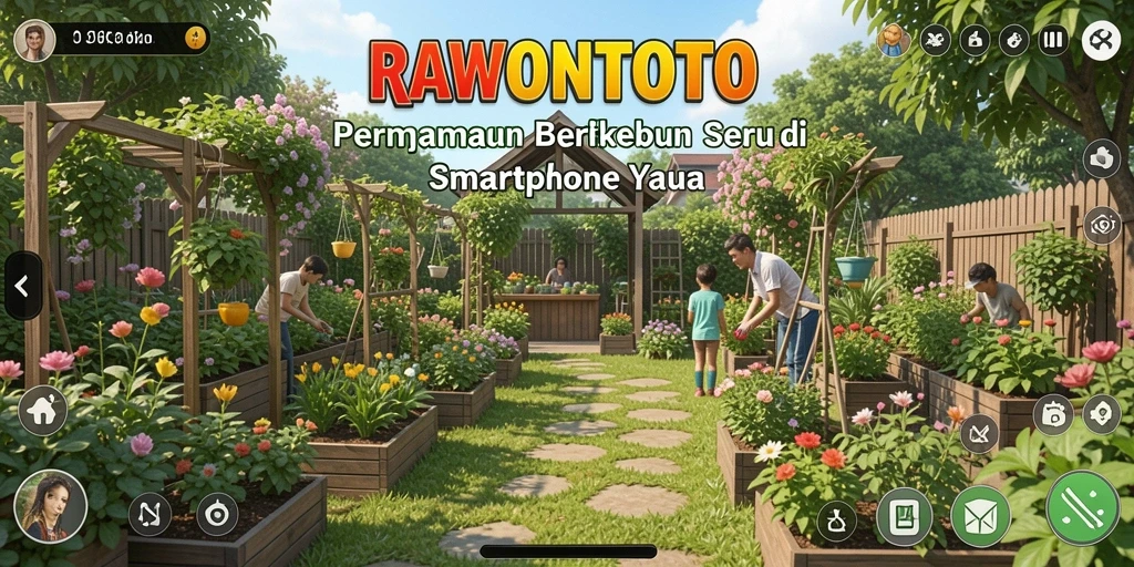 Tampilan gameplay RAWONTOTO menampilkan aktivitas berkebun yang menyenangkan dan interaktif.