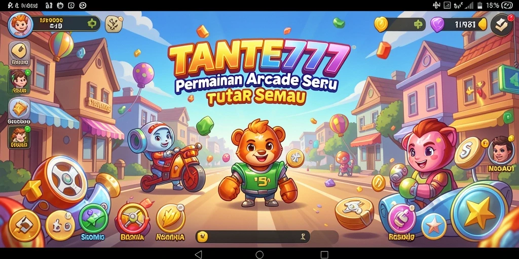 Tangkapan layar utama TANTE777 menampilkan gameplay Arcade yang penuh warna.